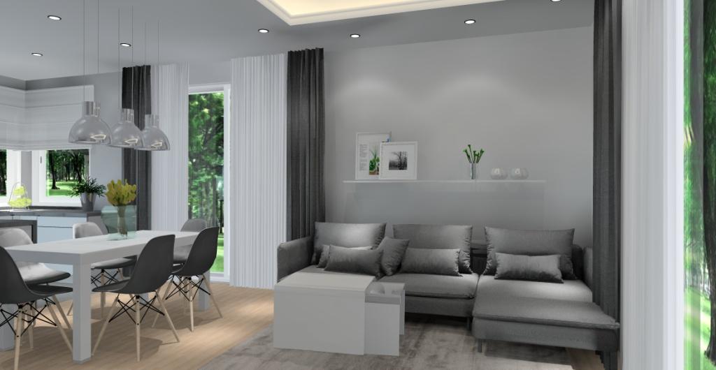 projekt wnętrza aranżacja salonu z kuchnią, widok na sofę narożną Ikea, pólki na ścianie, sufit podwieszany 